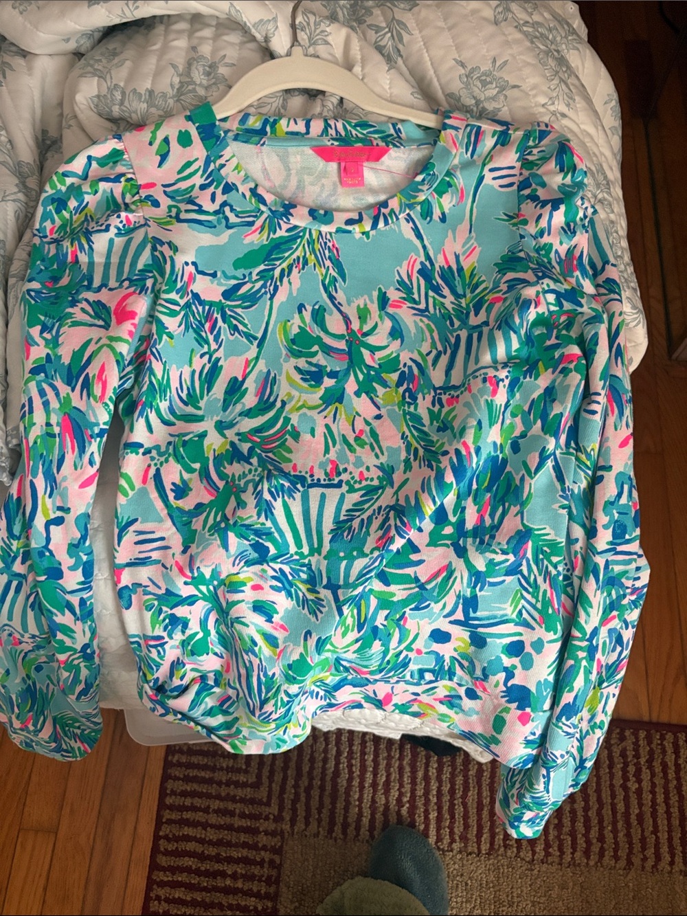 Lilly Pulitzer Teal Pink Green Abstract Floral Pullover Sweatshirt